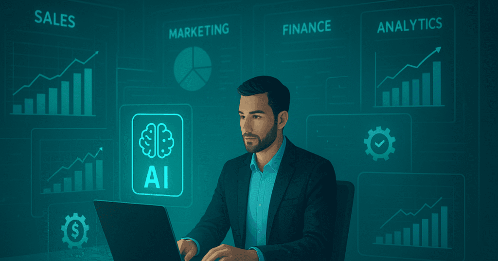 Entrepreneur using AI tools for business growth with digital dashboards and automation icons