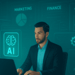 Entrepreneur using AI tools for business growth with digital dashboards and automation icons