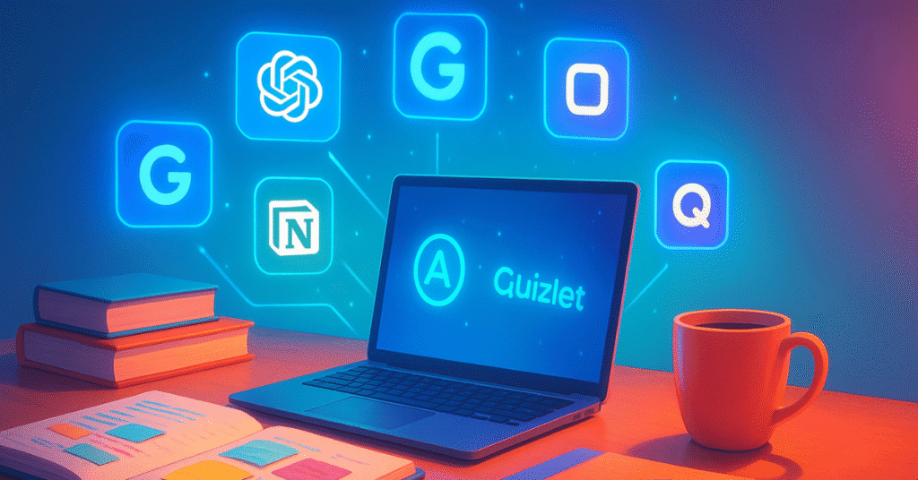 A student using a laptop surrounded by glowing AI icons and digital study tools, symbolizing the best AI tools for students to boost productivity and learning.