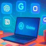A student using a laptop surrounded by glowing AI icons and digital study tools, symbolizing the best AI tools for students to boost productivity and learning.