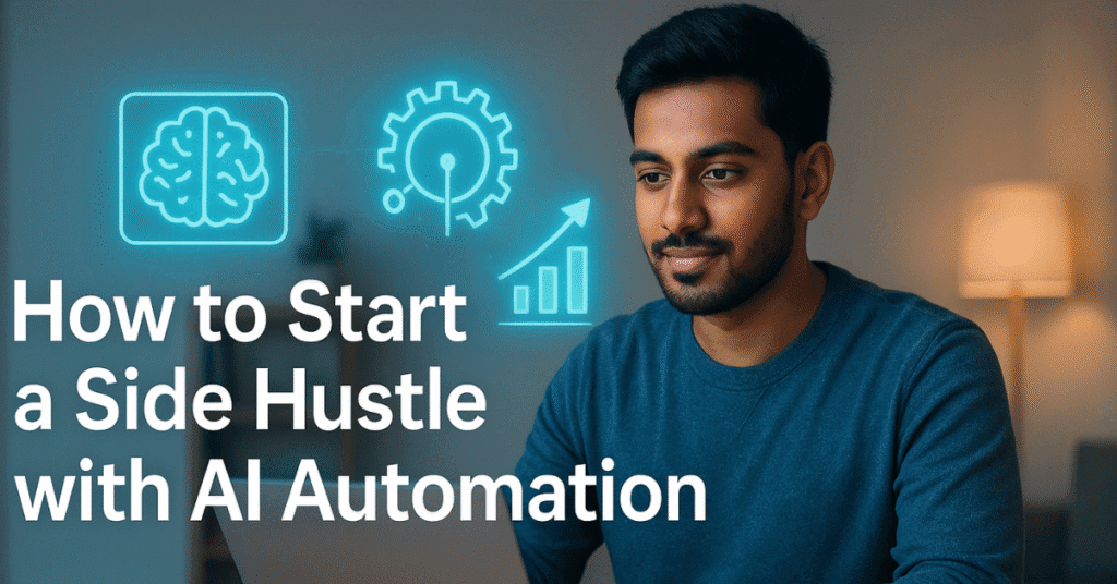 Indian freelancer using AI tools to start a side hustle with automation at home.
