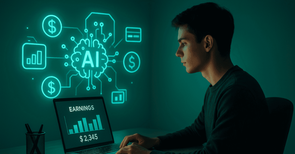 AI-powered online income concept showing a digital creator earning money using artificial intelligence tools.