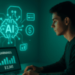 AI-powered online income concept showing a digital creator earning money using artificial intelligence tools.