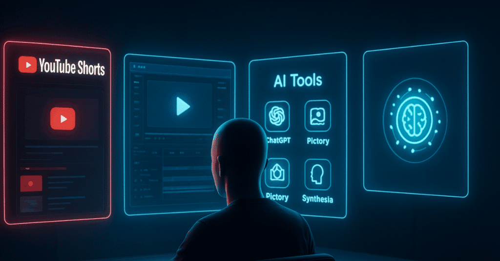 Faceless YouTuber creating Shorts videos using AI tools on futuristic computer screens in a digital workspace.