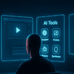Faceless YouTuber creating Shorts videos using AI tools on futuristic computer screens in a digital workspace.