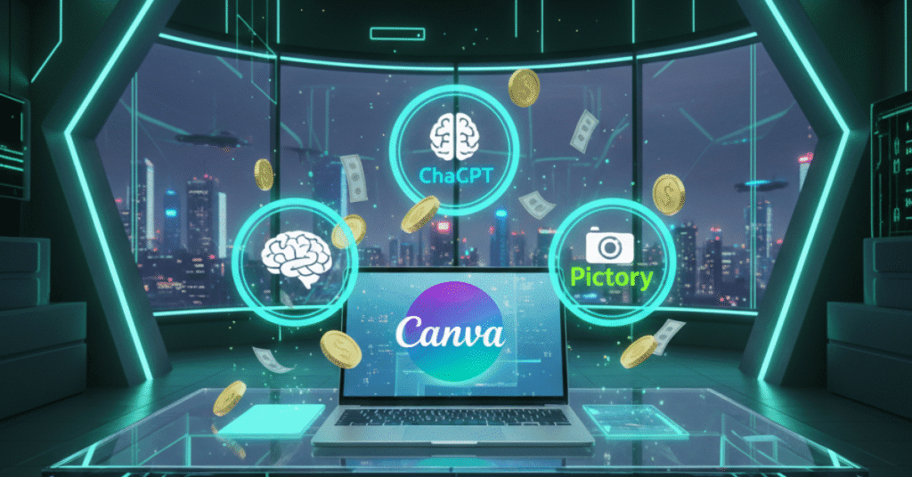 Futuristic workspace with laptop, glowing AI icons like ChatGPT, Canva, and Pictory, symbolizing how to make money online using AI tools in 2025.