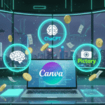 Futuristic workspace with laptop, glowing AI icons like ChatGPT, Canva, and Pictory, symbolizing how to make money online using AI tools in 2025.