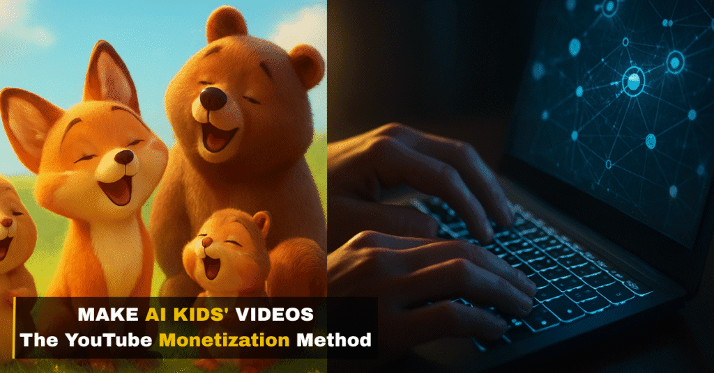 A laptop displaying a colorful, AI-generated cartoon of singing animals, showing the result of making an AI nursery rhyme video.