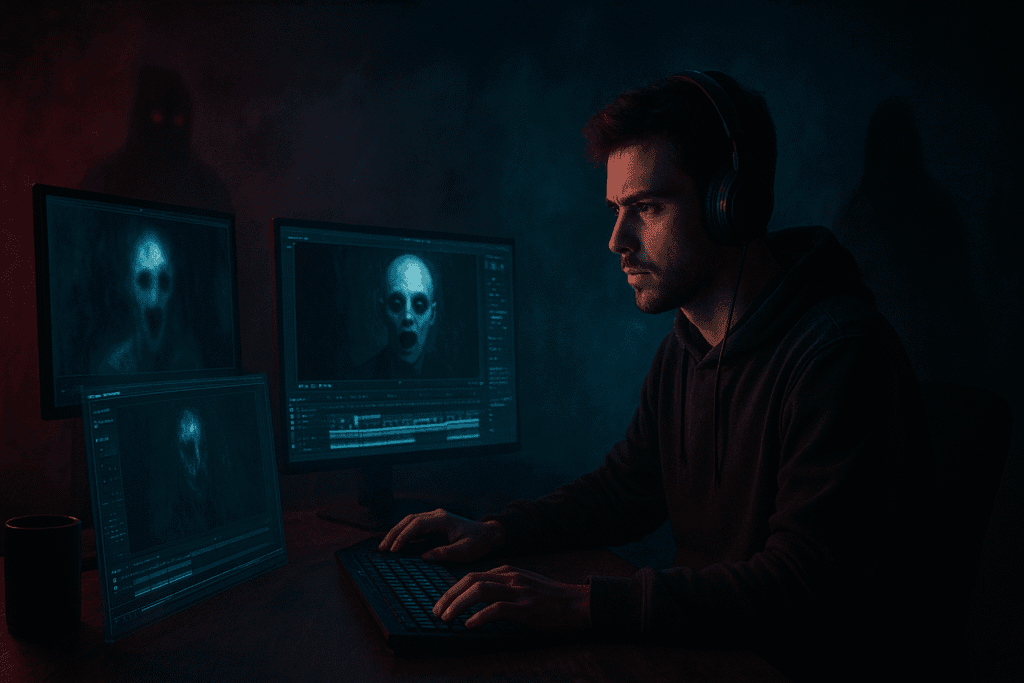 YouTuber editing AI horror animation scenes on futuristic screens