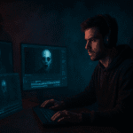 YouTuber editing AI horror animation scenes on futuristic screens
