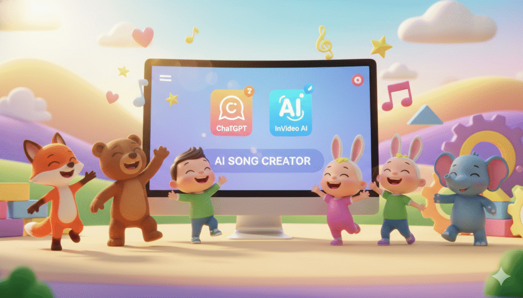 AI-generated kids dancing and singing around a colorful animation screen