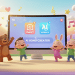 AI-generated kids dancing and singing around a colorful animation screen